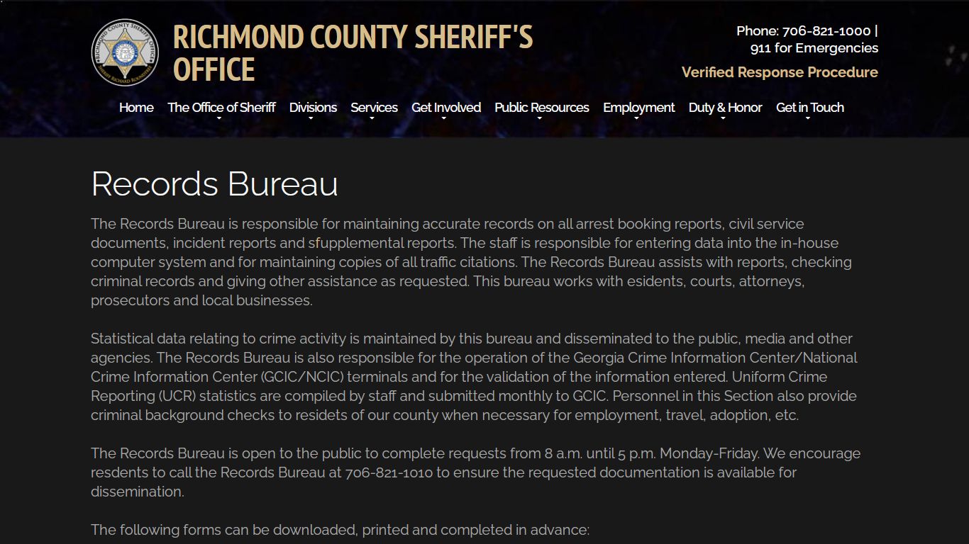 Records Bureau | Richmond County Sheriff's Office ...